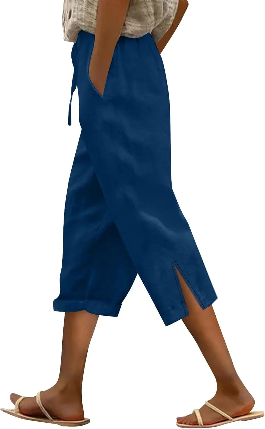 Capri Linen Pants for Women 2025 Summer Wide Leg Casual Drawstring High Waist Beach Cropped Trousers with Pockets