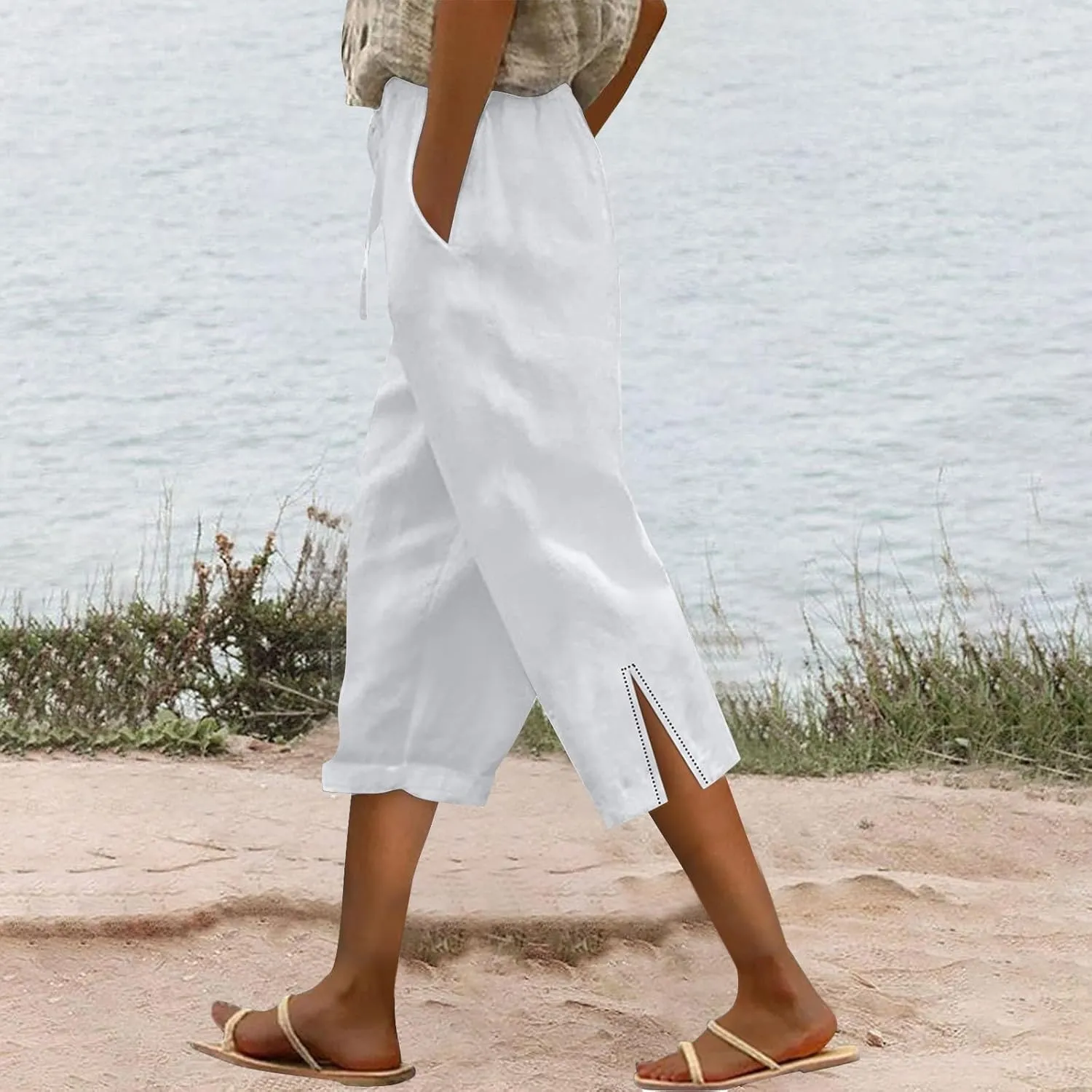 Capri Linen Pants for Women 2025 Summer Wide Leg Casual Drawstring High Waist Beach Cropped Trousers with Pockets