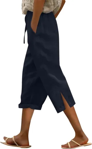 Capri Linen Pants for Women 2025 Summer Wide Leg Casual Drawstring High Waist Beach Cropped Trousers with Pockets