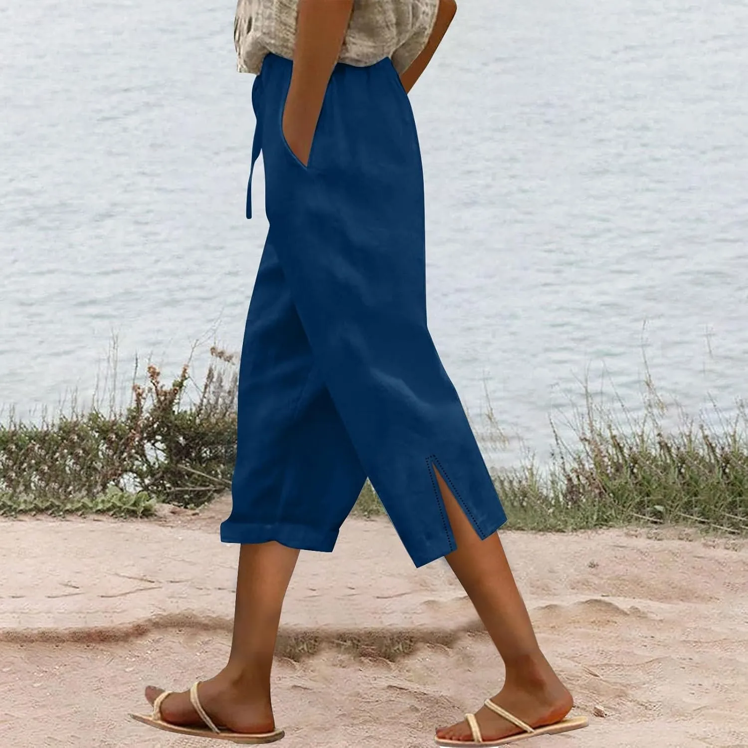 Capri Linen Pants for Women 2025 Summer Wide Leg Casual Drawstring High Waist Beach Cropped Trousers with Pockets
