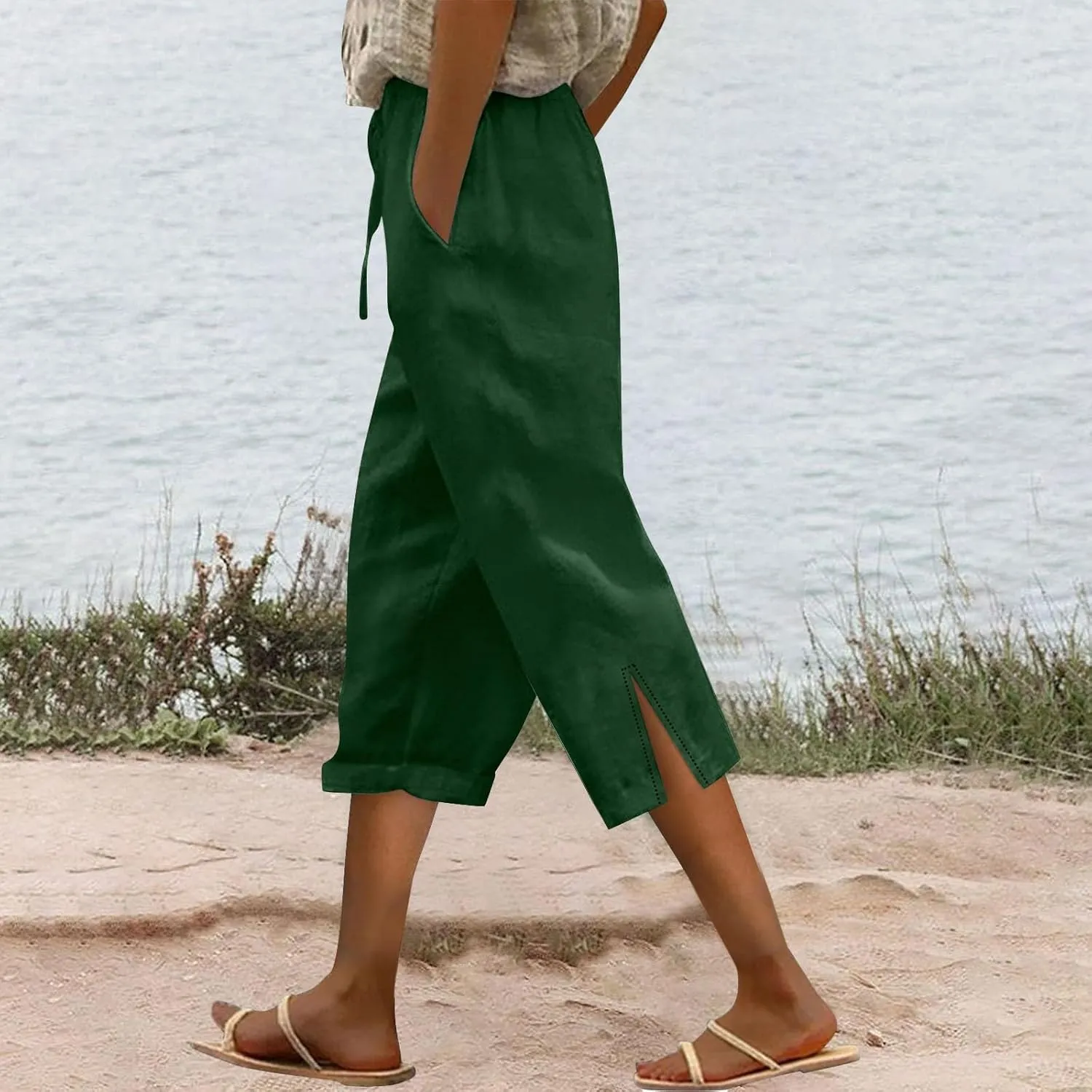Capri Linen Pants for Women 2025 Summer Wide Leg Casual Drawstring High Waist Beach Cropped Trousers with Pockets