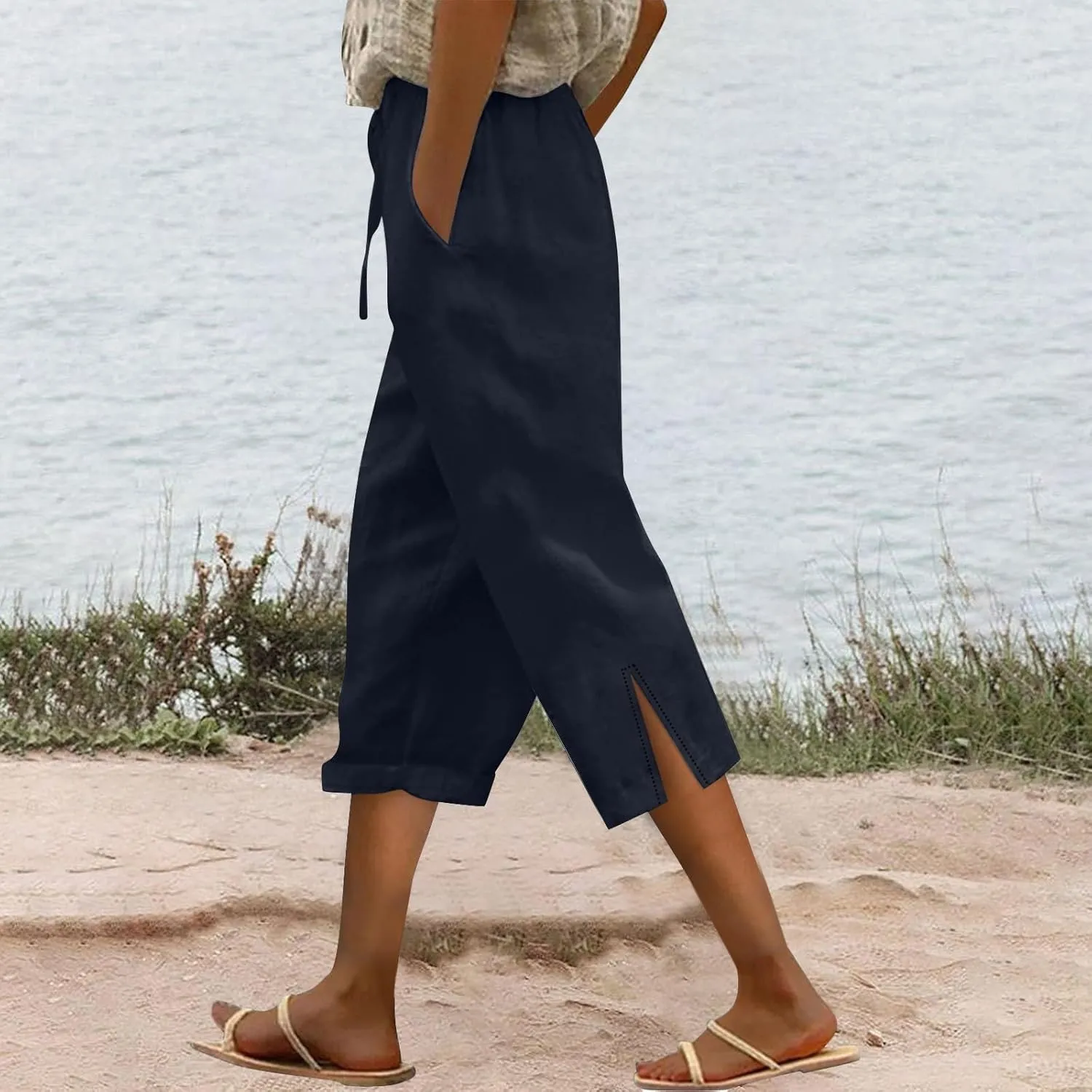 Capri Linen Pants for Women 2025 Summer Wide Leg Casual Drawstring High Waist Beach Cropped Trousers with Pockets