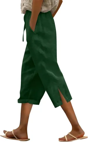 Capri Linen Pants for Women 2025 Summer Wide Leg Casual Drawstring High Waist Beach Cropped Trousers with Pockets