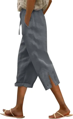 Capri Linen Pants for Women 2025 Summer Wide Leg Casual Drawstring High Waist Beach Cropped Trousers with Pockets