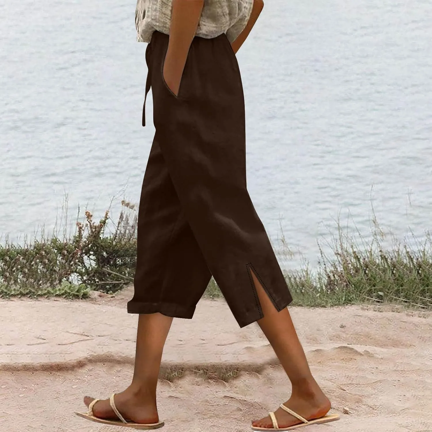 Capri Linen Pants for Women 2025 Summer Wide Leg Casual Drawstring High Waist Beach Cropped Trousers with Pockets