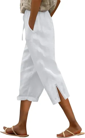 Capri Linen Pants for Women 2025 Summer Wide Leg Casual Drawstring High Waist Beach Cropped Trousers with Pockets