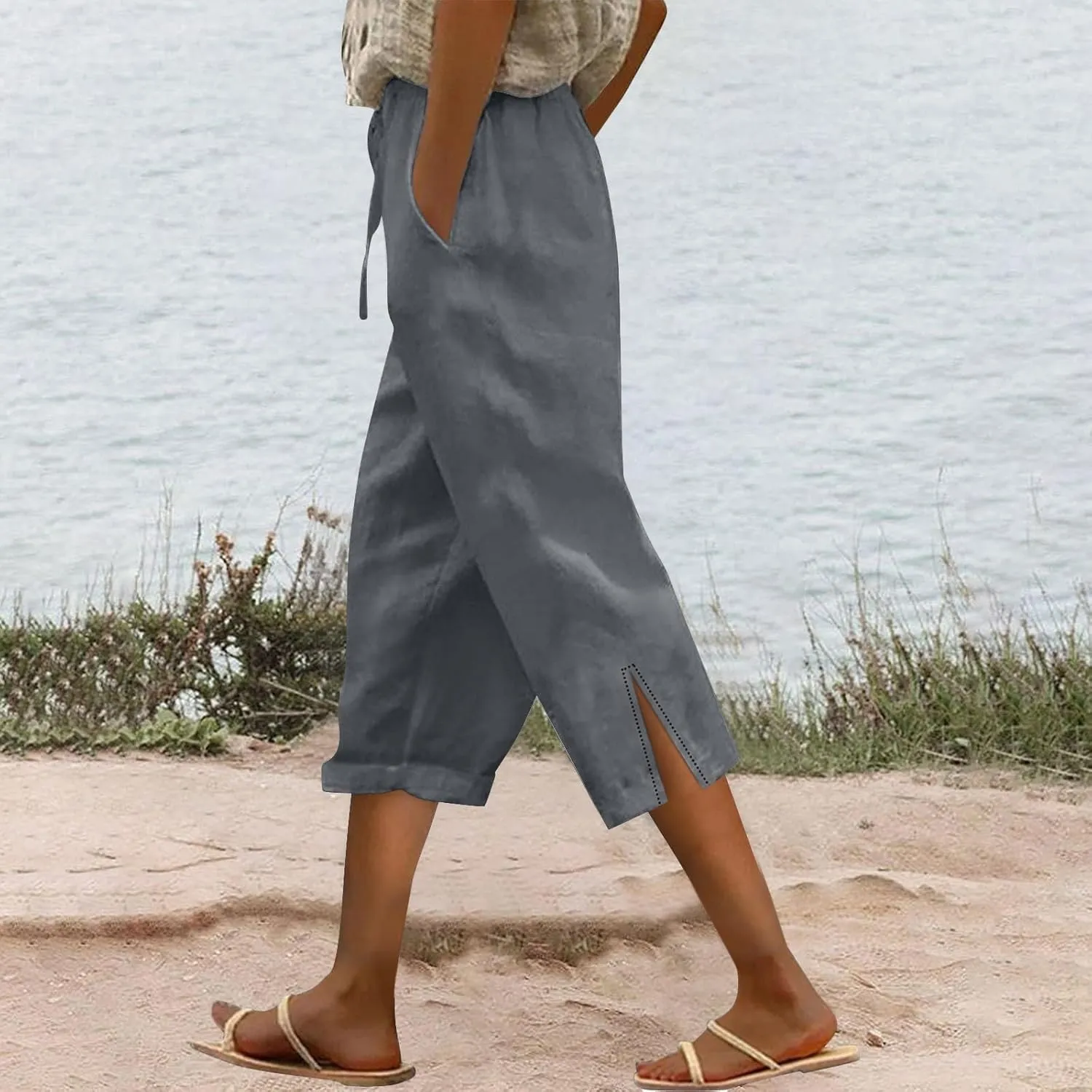 Capri Linen Pants for Women 2025 Summer Wide Leg Casual Drawstring High Waist Beach Cropped Trousers with Pockets