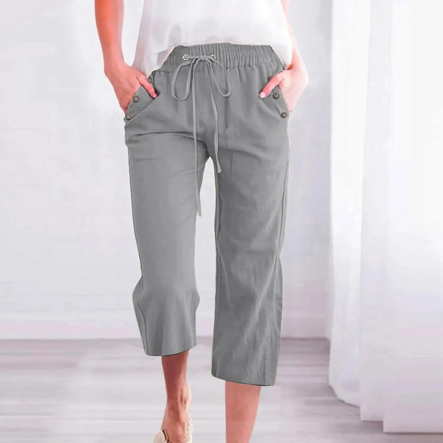 Capris Pants for Women Cotton Linen Summer Straight Leg Drawstring Elastic Waist Cropped Trouser with Button Pockets