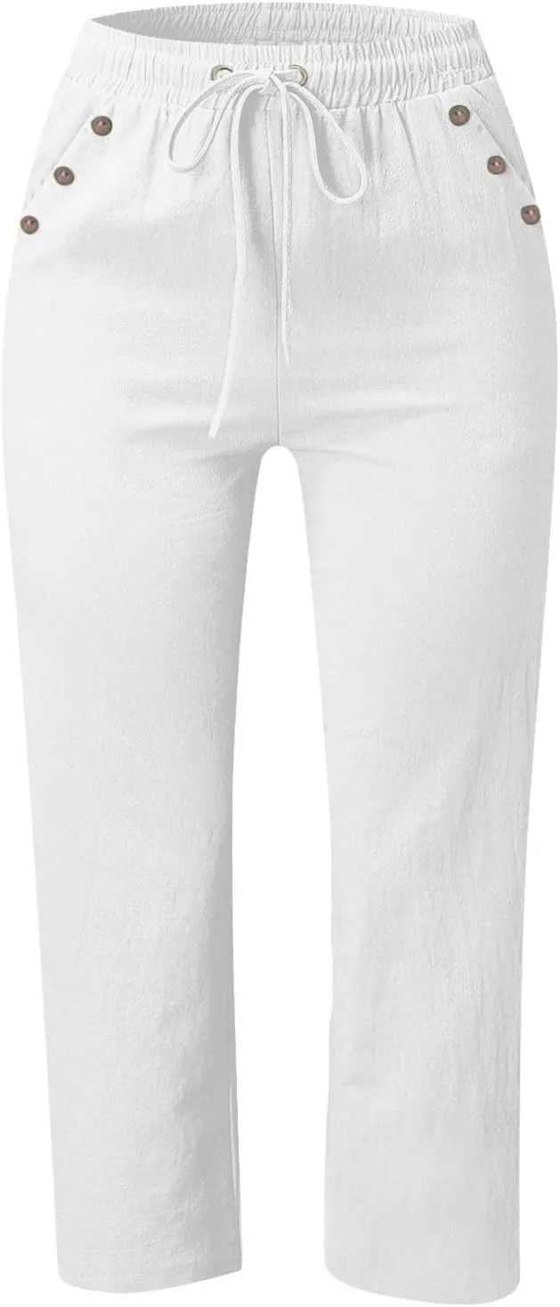 Capris Pants for Women Cotton Linen Summer Straight Leg Drawstring Elastic Waist Cropped Trouser with Button Pockets