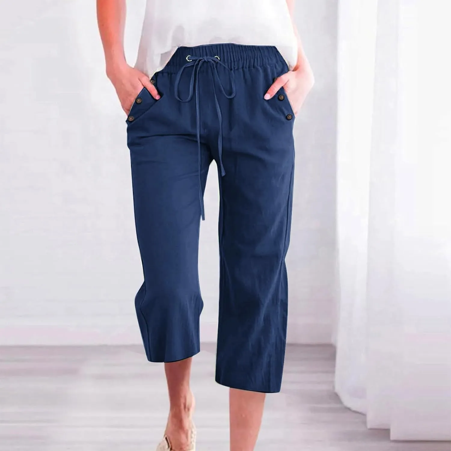 Capris Pants for Women Cotton Linen Summer Straight Leg Drawstring Elastic Waist Cropped Trouser with Button Pockets
