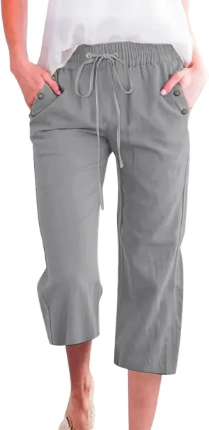 Capris Pants for Women Cotton Linen Summer Straight Leg Drawstring Elastic Waist Cropped Trouser with Button Pockets