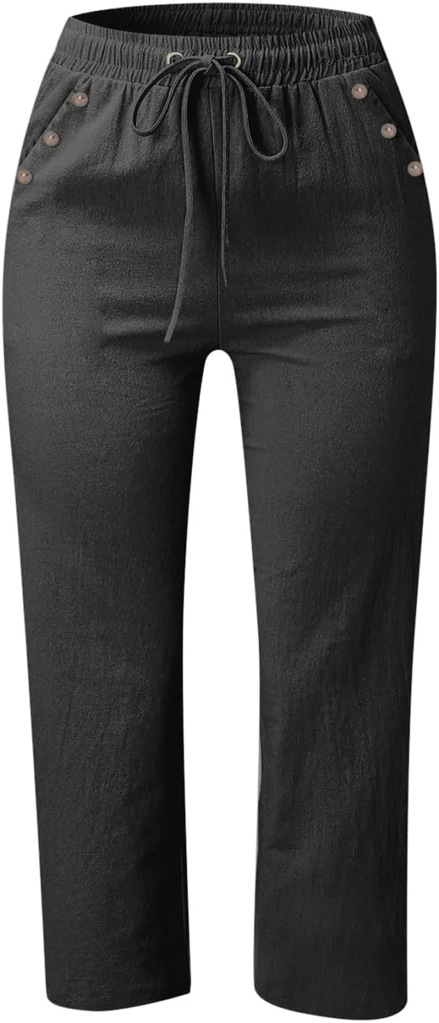 Capris Pants for Women Cotton Linen Summer Straight Leg Drawstring Elastic Waist Cropped Trouser with Button Pockets