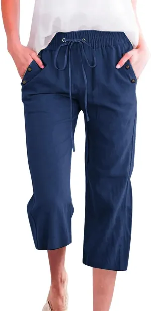 Capris Pants for Women Cotton Linen Summer Straight Leg Drawstring Elastic Waist Cropped Trouser with Button Pockets