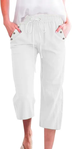 Capris Pants for Women Cotton Linen Summer Straight Leg Drawstring Elastic Waist Cropped Trouser with Button Pockets