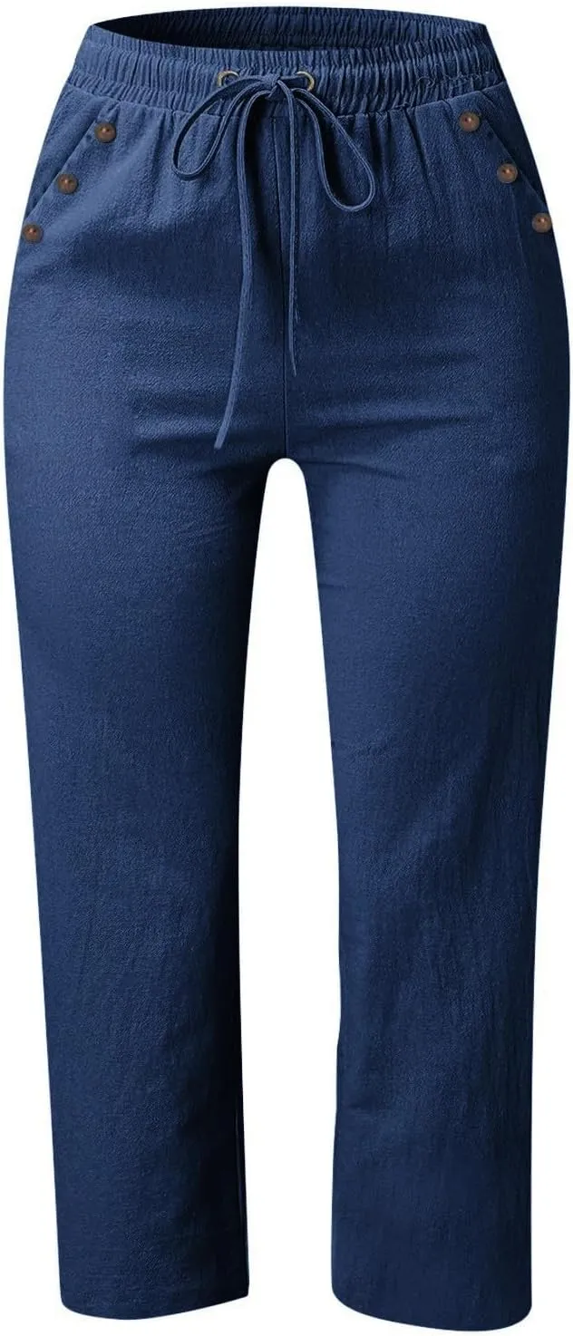 Capris Pants for Women Cotton Linen Summer Straight Leg Drawstring Elastic Waist Cropped Trouser with Button Pockets