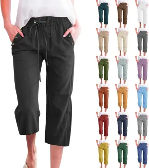 Capris Pants for Women Cotton Linen Summer Straight Leg Drawstring Elastic Waist Cropped Trouser with Button Pockets