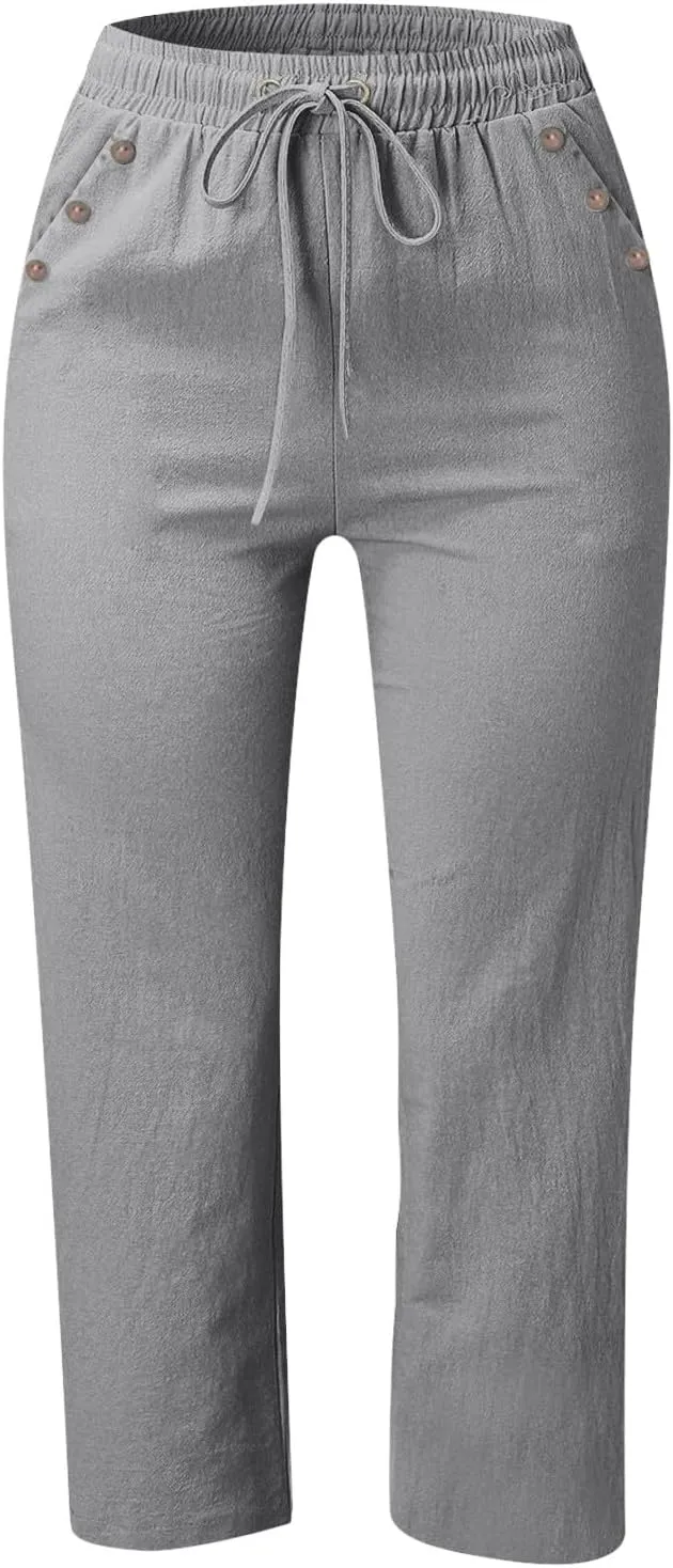 Capris Pants for Women Cotton Linen Summer Straight Leg Drawstring Elastic Waist Cropped Trouser with Button Pockets