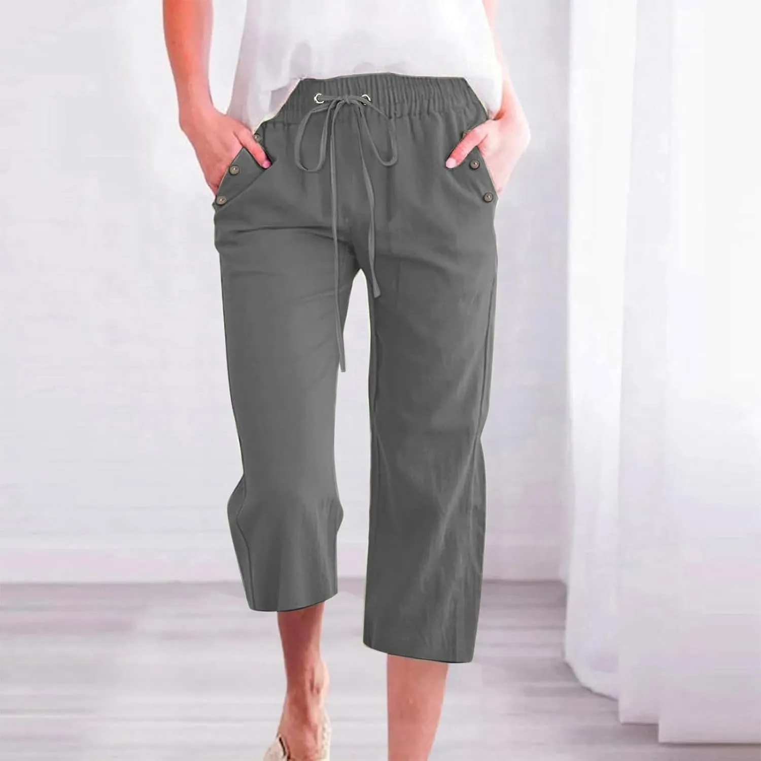 Capris Pants for Women Cotton Linen Summer Straight Leg Drawstring Elastic Waist Cropped Trouser with Button Pockets