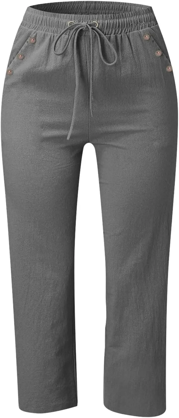 Capris Pants for Women Cotton Linen Summer Straight Leg Drawstring Elastic Waist Cropped Trouser with Button Pockets