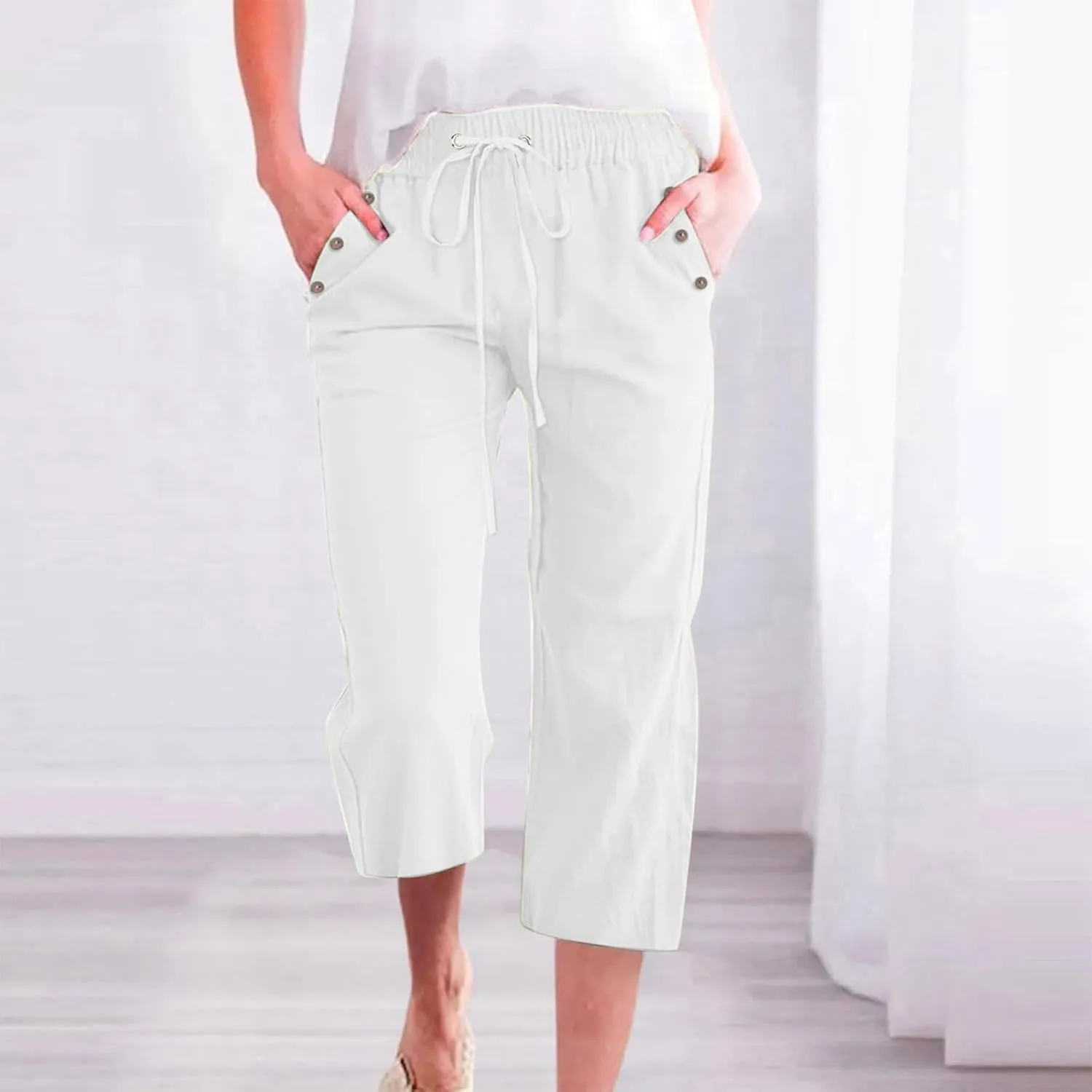 Capris Pants for Women Cotton Linen Summer Straight Leg Drawstring Elastic Waist Cropped Trouser with Button Pockets