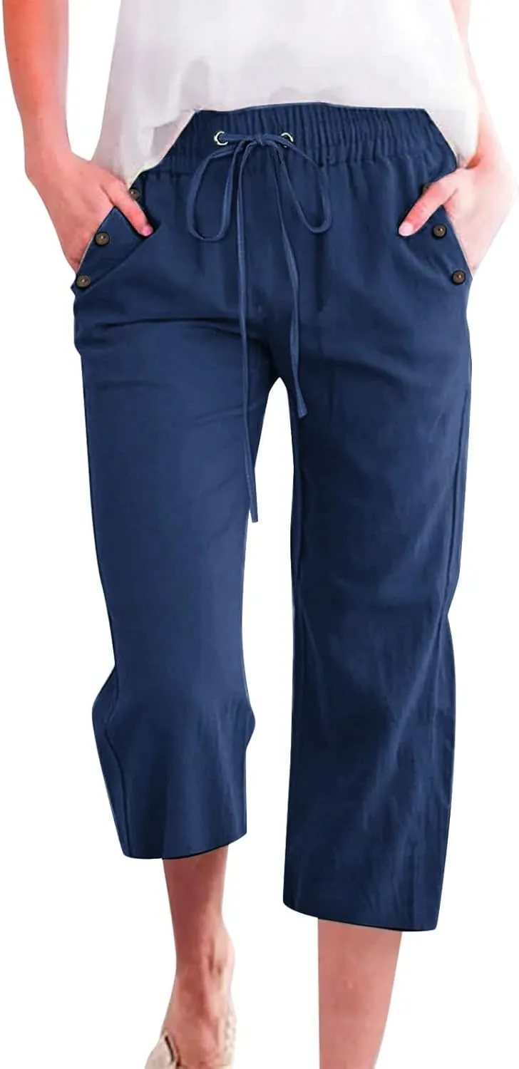 Capris Pants for Women Cotton Linen Summer Straight Leg Drawstring Elastic Waist Cropped Trouser with Button Pockets