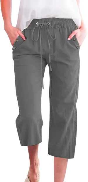 Capris Pants for Women Cotton Linen Summer Straight Leg Drawstring Elastic Waist Cropped Trouser with Button Pockets