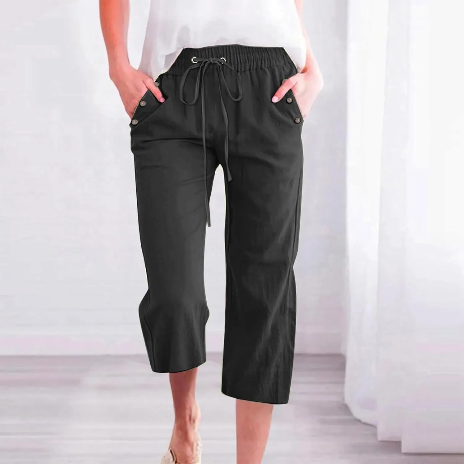 Capris Pants for Women Cotton Linen Summer Straight Leg Drawstring Elastic Waist Cropped Trouser with Button Pockets