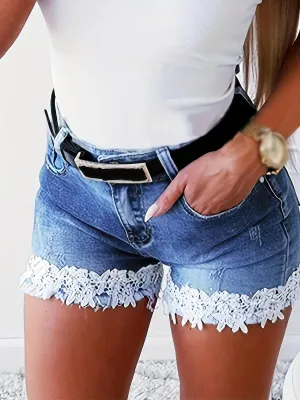 Casual Lace Hem Stretchy Slash Pockets Denim Shorts
