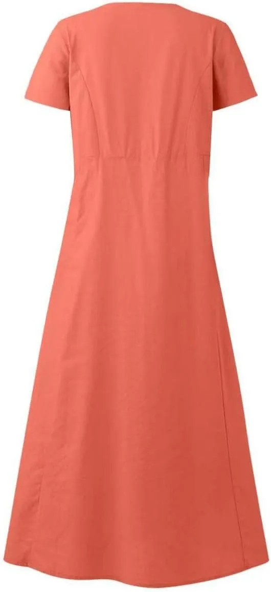 Ceboyel Women 2023 Summer Linen Dress Flowy Short Sleeve Sundress Causal Summer Sun Dress Trendy Beach Maxi Long Dresses