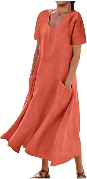 Ceboyel Women 2023 Summer Linen Dress Flowy Short Sleeve Sundress Causal Summer Sun Dress Trendy Beach Maxi Long Dresses
