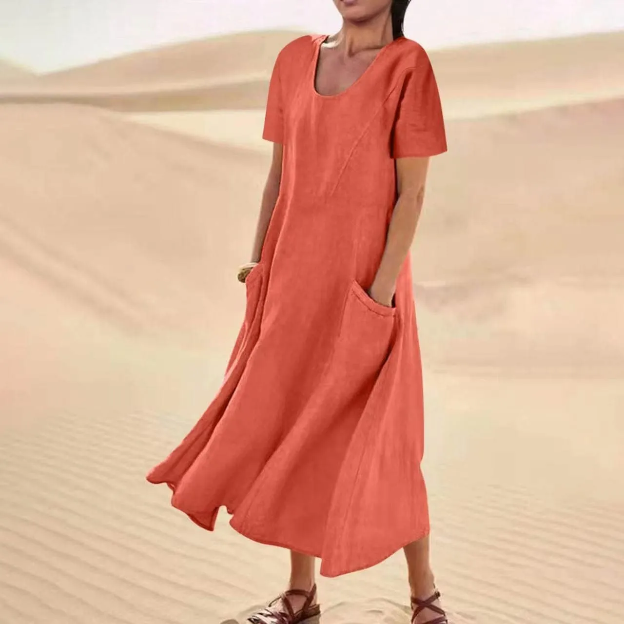 Ceboyel Women 2023 Summer Linen Dress Flowy Short Sleeve Sundress Causal Summer Sun Dress Trendy Beach Maxi Long Dresses
