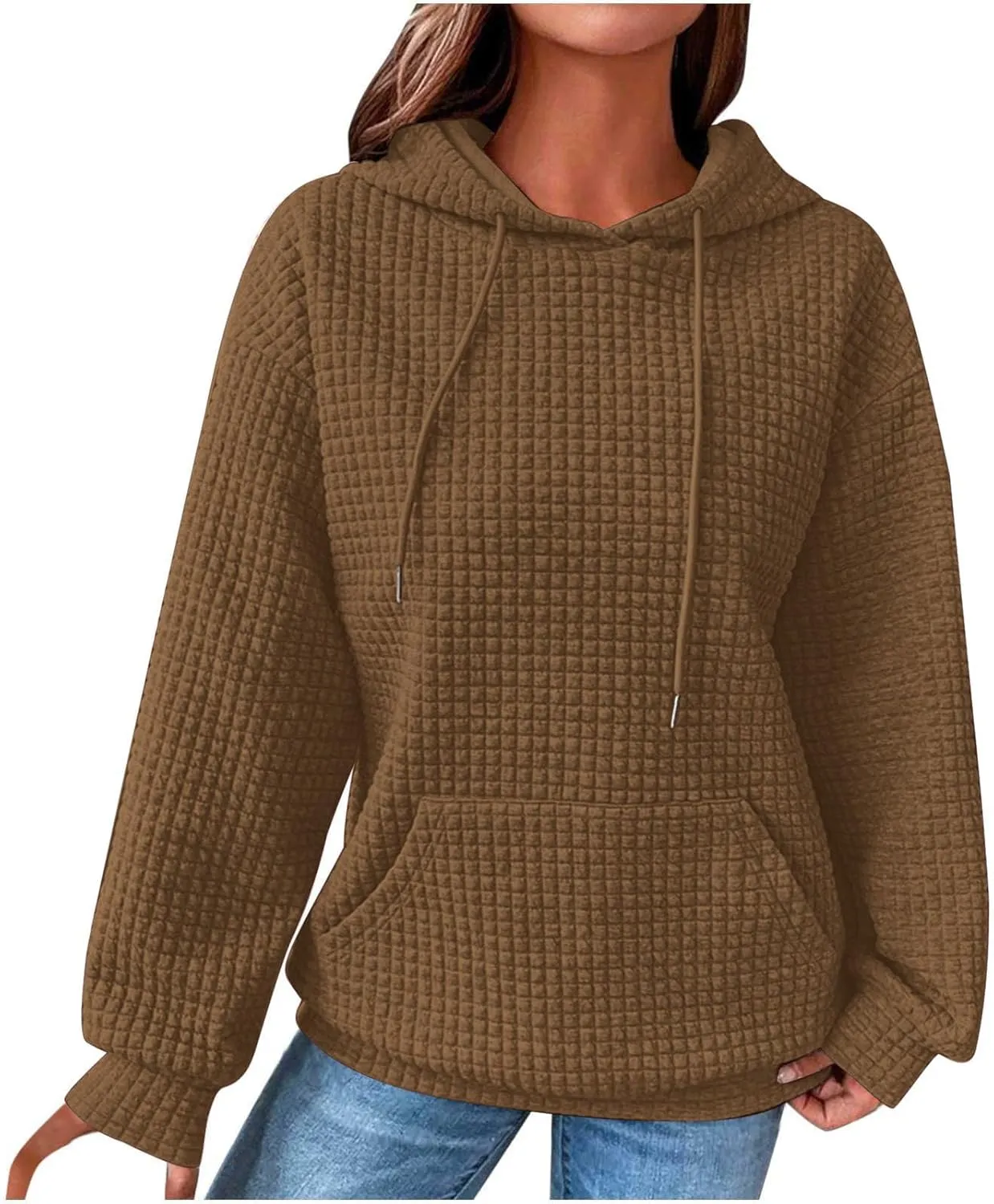 Ceboyel Womens Solid Color Cute Hoodie 2023 Waffle Knit Sweatshirts Comfort Sweater Tops Teen Girls Trendy Clothes 2023