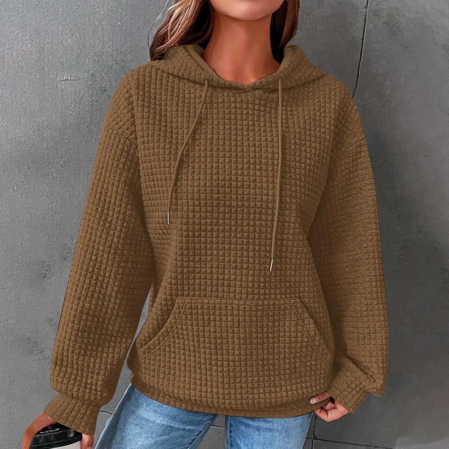 Ceboyel Womens Solid Color Cute Hoodie 2023 Waffle Knit Sweatshirts Comfort Sweater Tops Teen Girls Trendy Clothes 2023