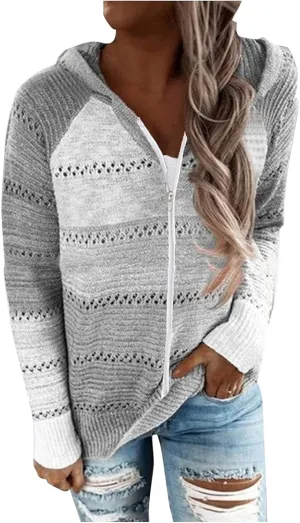 Color Block Hoodie Women V Neck Hooded Sweater Hollow Out Knitted Sweatshirts Y2K Long Sleeve Fall Sweatshirt