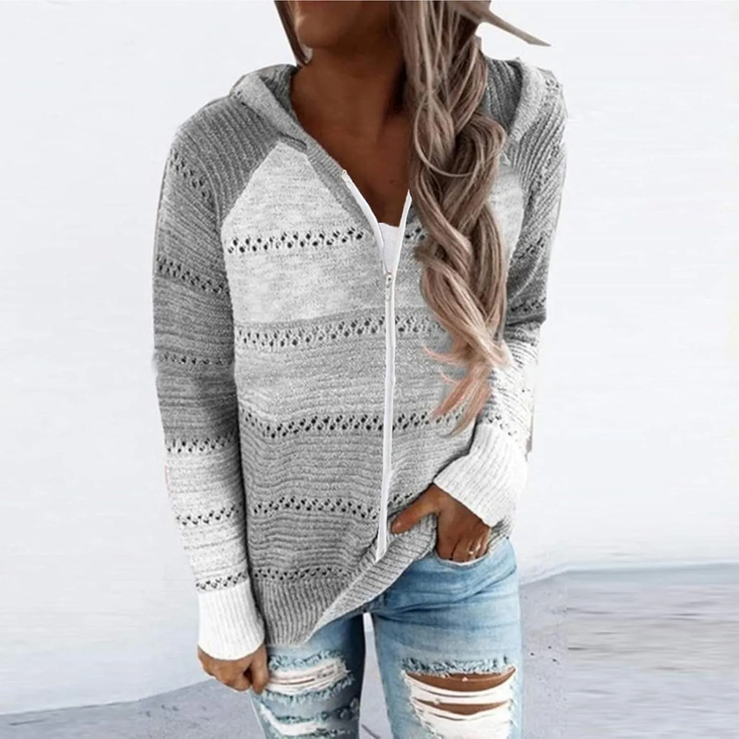 Color Block Hoodie Women V Neck Hooded Sweater Hollow Out Knitted Sweatshirts Y2K Long Sleeve Fall Sweatshirt