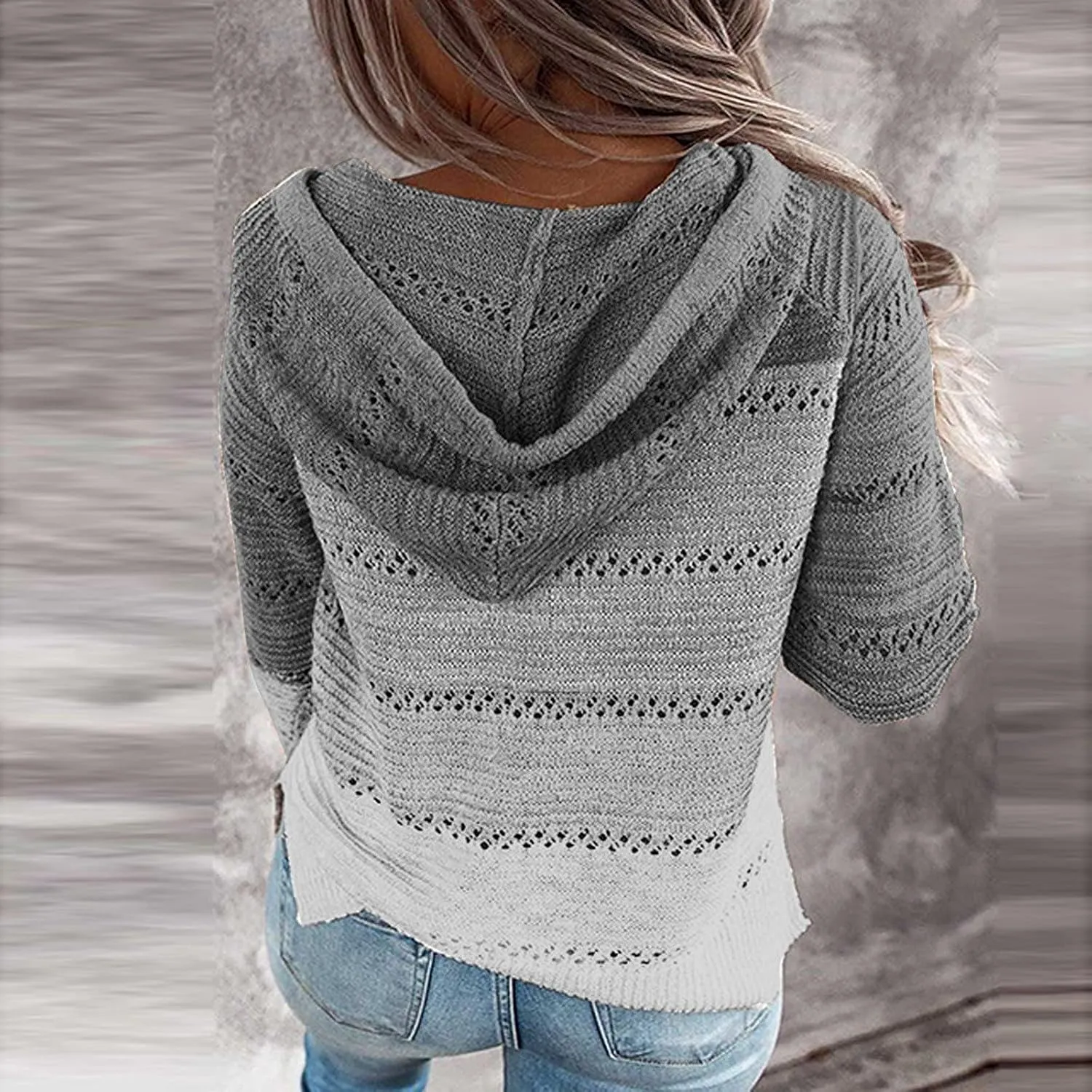 Color Block Hoodie Women V Neck Hooded Sweater Hollow Out Knitted Sweatshirts Y2K Long Sleeve Fall Sweatshirt