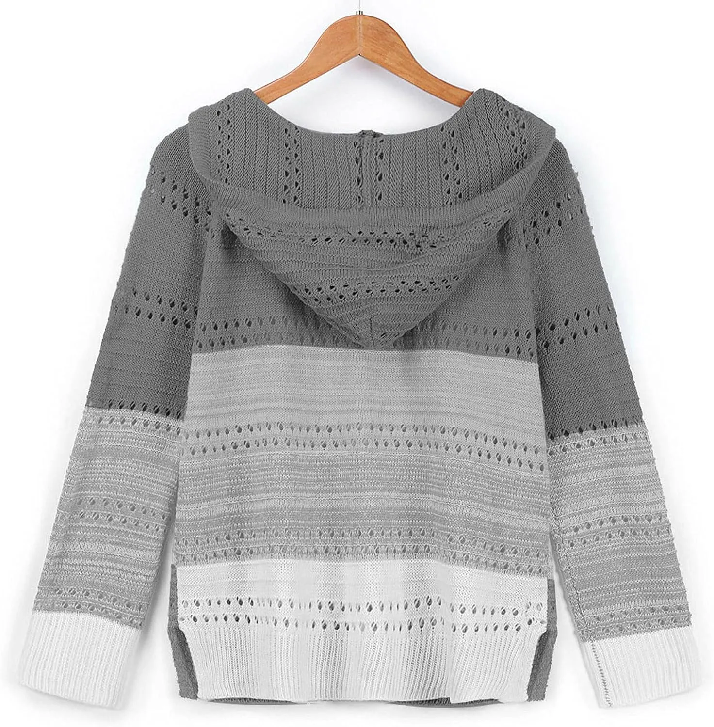 Color Block Hoodie Women V Neck Hooded Sweater Hollow Out Knitted Sweatshirts Y2K Long Sleeve Fall Sweatshirt