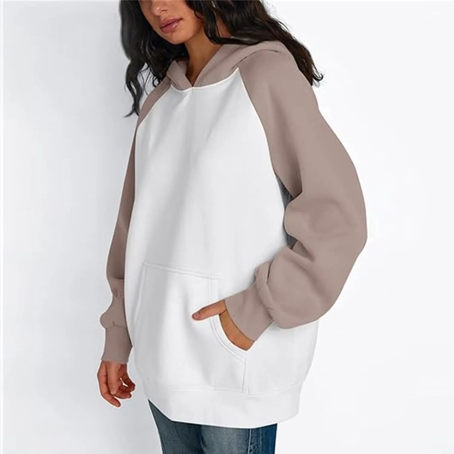 Color Block Hoodies for Women Trendy Oversized Raglan Sweatshirts Lightweight Fleece Cute Hoodies with Pockets