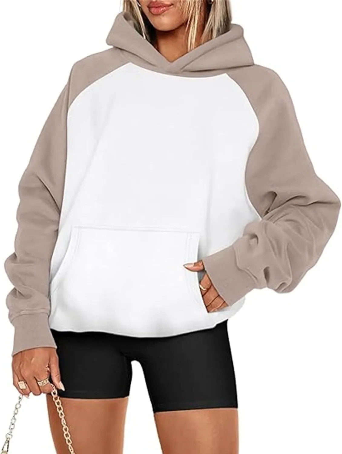 Color Block Hoodies for Women Trendy Oversized Raglan Sweatshirts Lightweight Fleece Cute Hoodies with Pockets