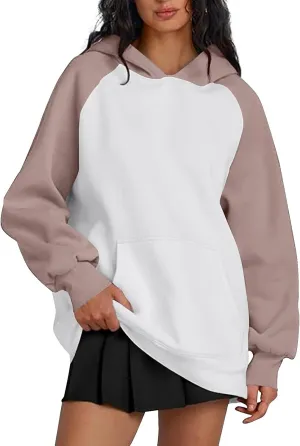 Color Block Hoodies for Women Trendy Oversized Raglan Sweatshirts Lightweight Fleece Cute Hoodies with Pockets