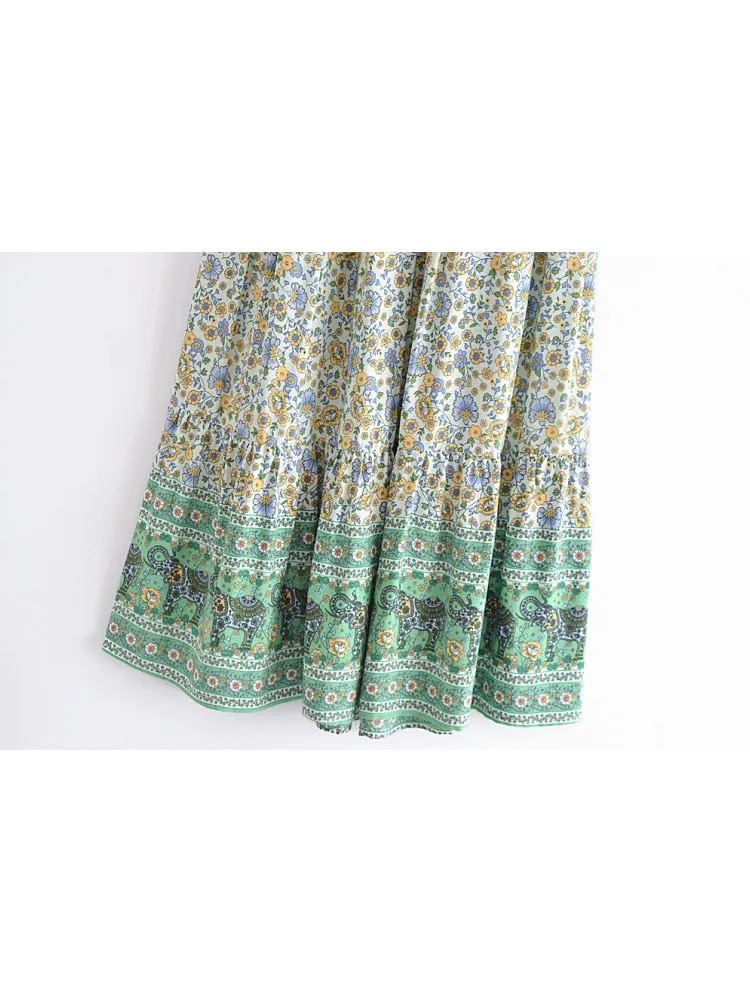 CORFU Bohemian Green Floral Print Skirt