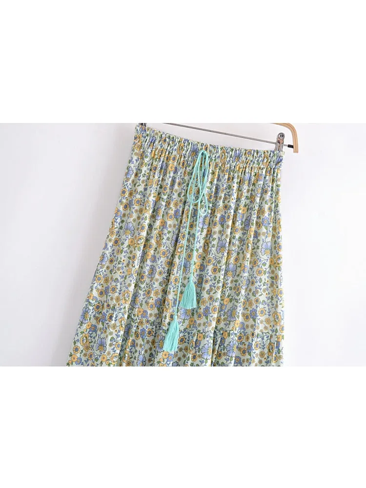 CORFU Bohemian Green Floral Print Skirt