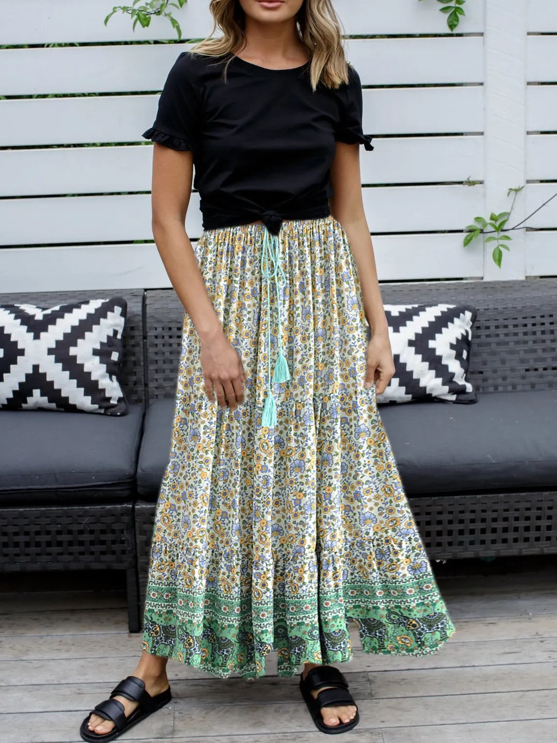 CORFU Bohemian Green Floral Print Skirt