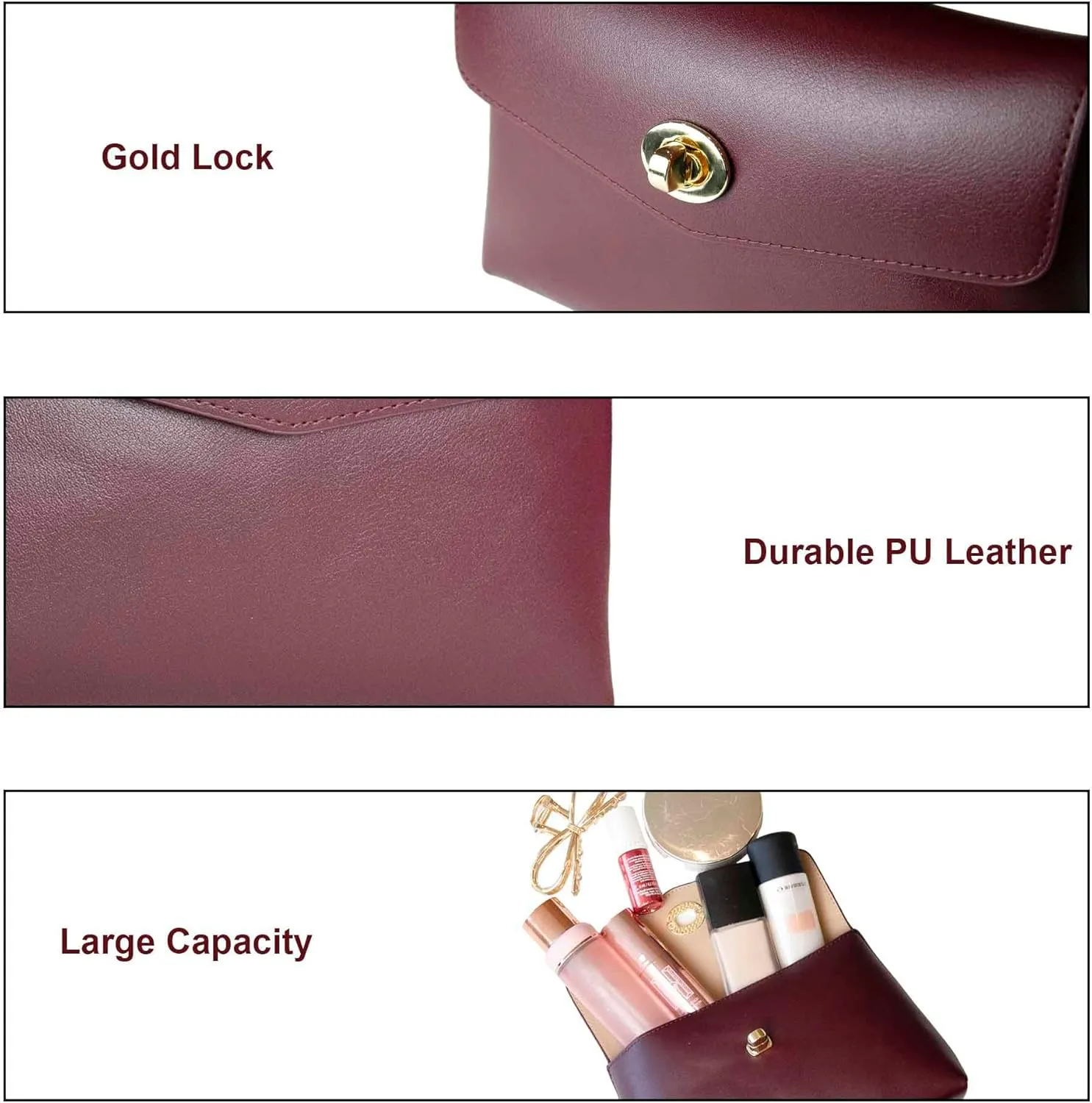 Cosmetic Bag Travel Makeup Pouch Travel Organizer, Zipper Pouch Bags for Women Vegan Leather (Burgundy Red)