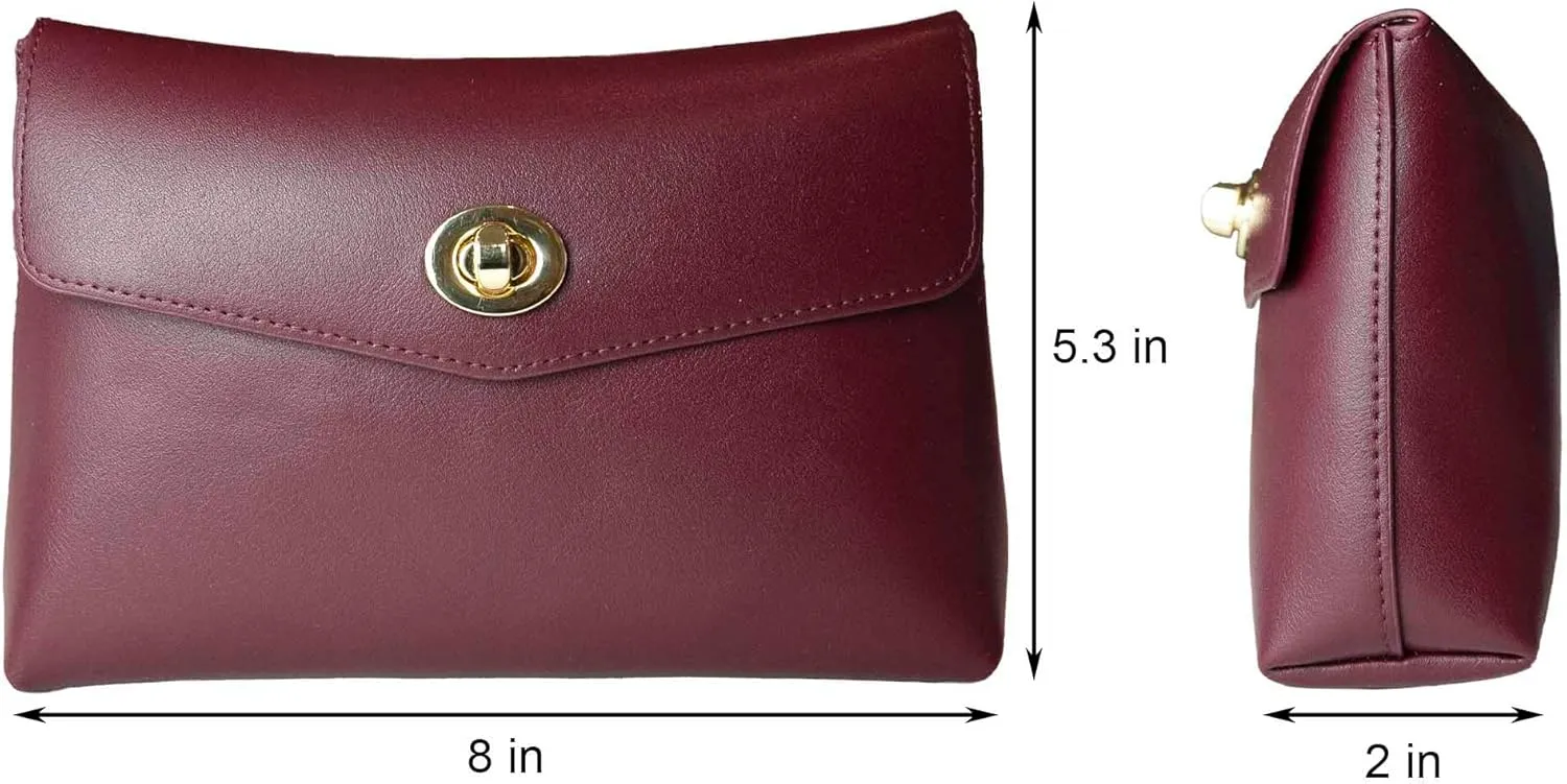 Cosmetic Bag Travel Makeup Pouch Travel Organizer, Zipper Pouch Bags for Women Vegan Leather (Burgundy Red)