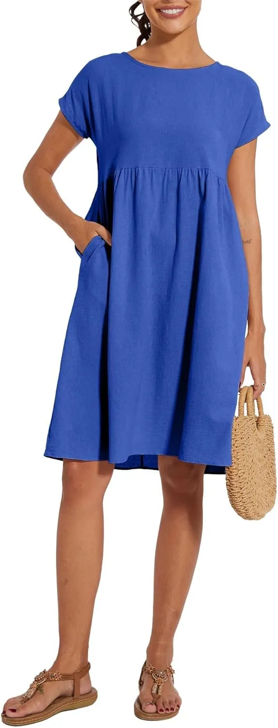 Cotton Dresses for Women Short Sleeve Crew Neck Solid Color A Line Casual Summer Midi Dresses with Pockets