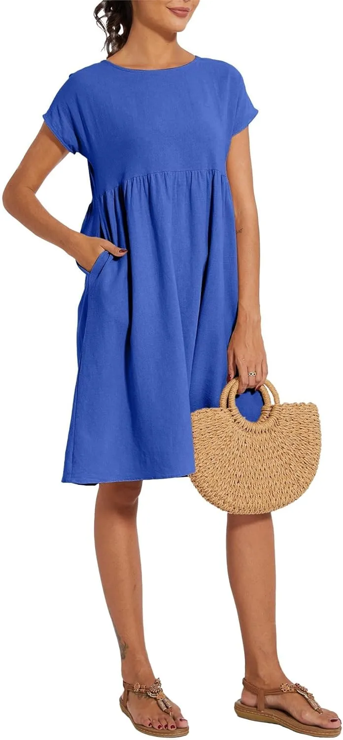 Cotton Dresses for Women Short Sleeve Crew Neck Solid Color A Line Casual Summer Midi Dresses with Pockets