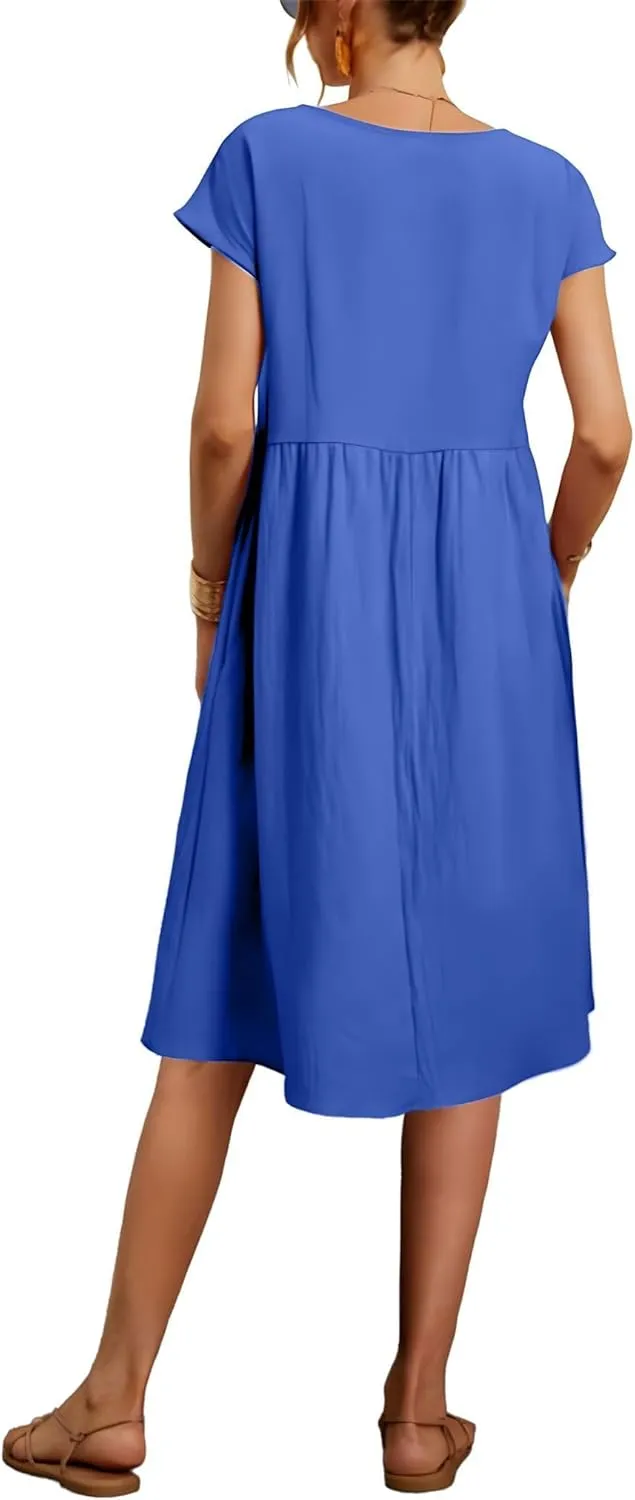 Cotton Dresses for Women Short Sleeve Crew Neck Solid Color A Line Casual Summer Midi Dresses with Pockets