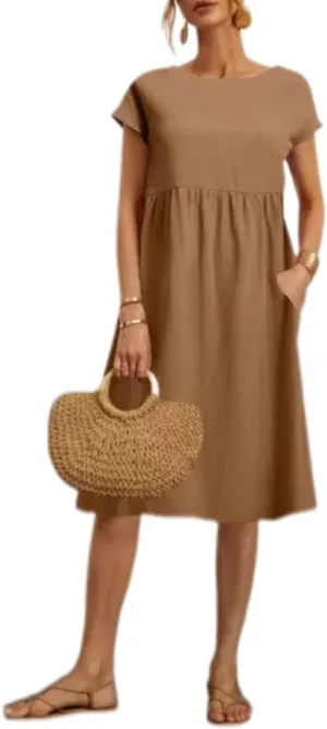 Cotton Dresses for Women Short Sleeve Crew Neck Solid Color A Line Casual Summer Midi Dresses with Pockets