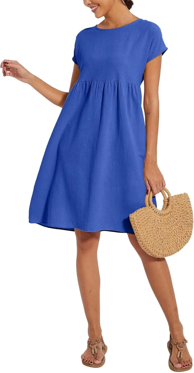 Cotton Dresses for Women Short Sleeve Crew Neck Solid Color A Line Casual Summer Midi Dresses with Pockets